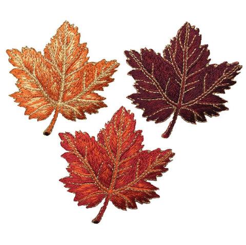 Medium Autumn Leaf Applique Patch Set - Orange Burgundy Tan & Brown Maple Leaf Fall Colors (3-Pack, Iron on)