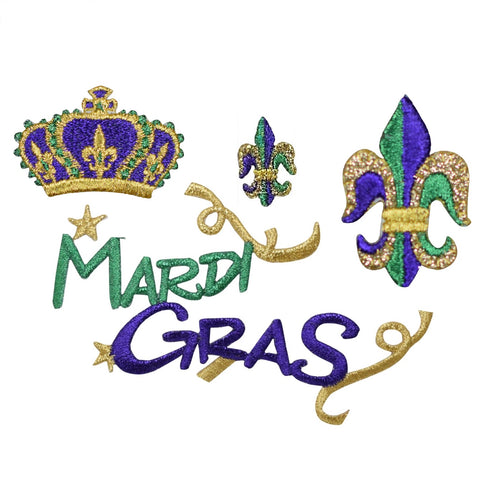 Mardi Gras Applique Patch Set - Fleur de Lis Crown New Orleans (4-Pack, Iron on)