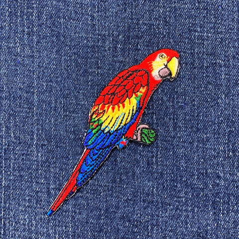 Colorful parrot patch on denim fabric