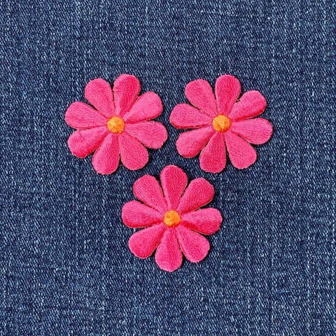 3-Pack Daisy Applique Patch - Embroidered Fuchsia Orange Flower Badge 1.5" (Iron On)