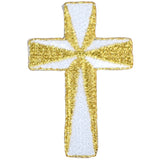 A metallic gold thread embroidered cross applique patch on a white background.