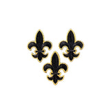 Three black and gold fleur-de-lis patches on a white background
