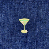 Embroidered martini glass patch on denim fabric