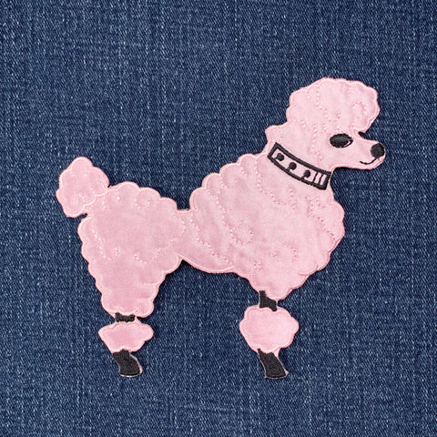 Poodle Applique Patch - Embroidered Sock Hop Dog Badge 4.75" (Iron On, Pink/Right)