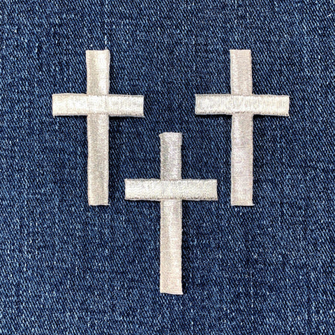3-Pack Medium Silver Cross Applique Patch - Embroidered Jesus Badge 2" (Iron On)
