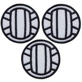 Three white and black volleyball applique patches with a geometric design, intended for iron on application.