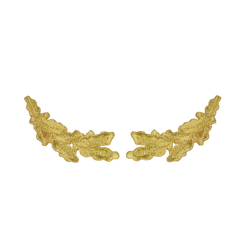 Gold oak leaf embroidered patches also known as scrambled eggs, on a white background