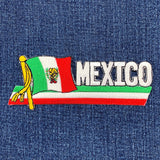 Embroidered patch with Mexican flag and 'MEXICO' text on denim fabric