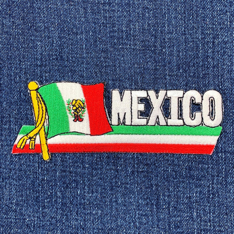 Embroidered patch with Mexican flag and 'MEXICO' text on denim fabric