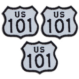 Three patches with the US 101 road sign design, intended for iron on application