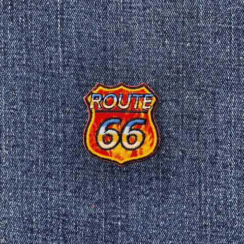 Route 66 Patch - Mini Embroidered Highway Sign With Flames Badge 1.5" (Iron On)