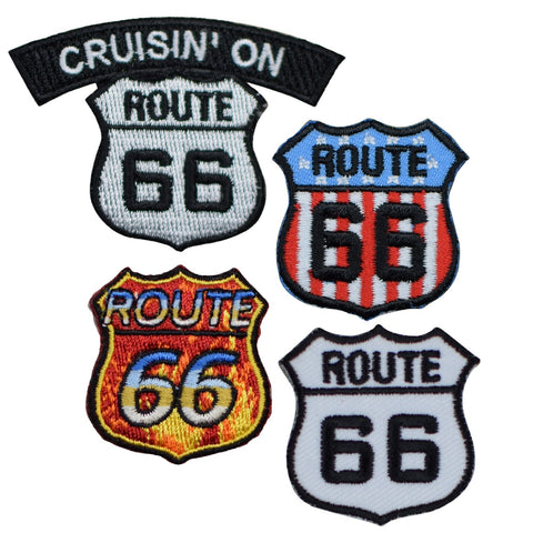 Mini Route 66 Patch Set - Flames USA Rt. 66 Small Embroidered Badges (4-Pack, Iron on)