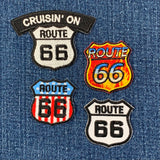 Mini Route 66 Patch Set - Flames USA Rt. 66 Small Embroidered Badges (4-Pack, Iron on)