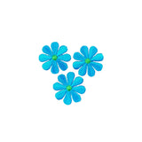 Three blue flowers with green centers on a white background