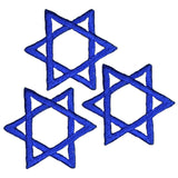 Three blue embroidered Star of David patches on a white background.