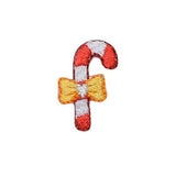 Embroidered patch of a candy cane with a yellow bow on a white background