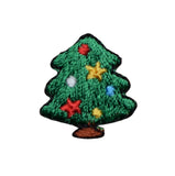 Embroidered patch of a green Christmas tree with colorful decorations on a white background