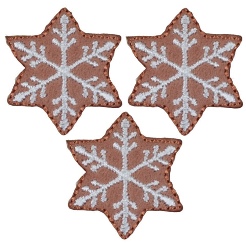 Mini Gingerbread Snowflake Applique Patch - Snow Winter Christmas Embroidered Badge 1.25" (3-Pack, Iron on)