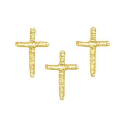 Three gold cross-shaped patches arranged on a plain white background.