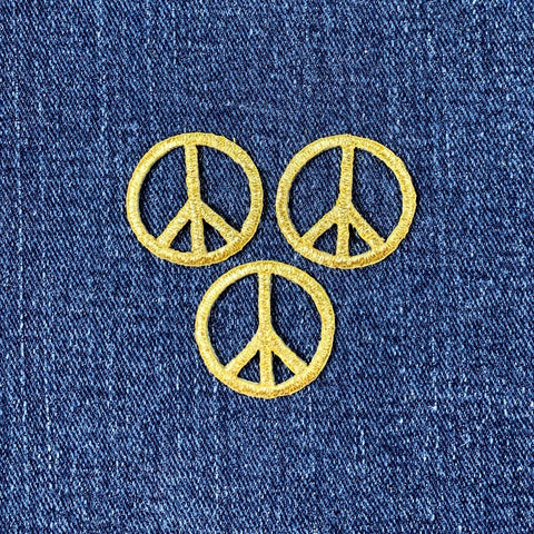 3-Pack Peace Sign Applique Patch - Mini Metallic Gold Embroidered Badge 1" (Iron On)