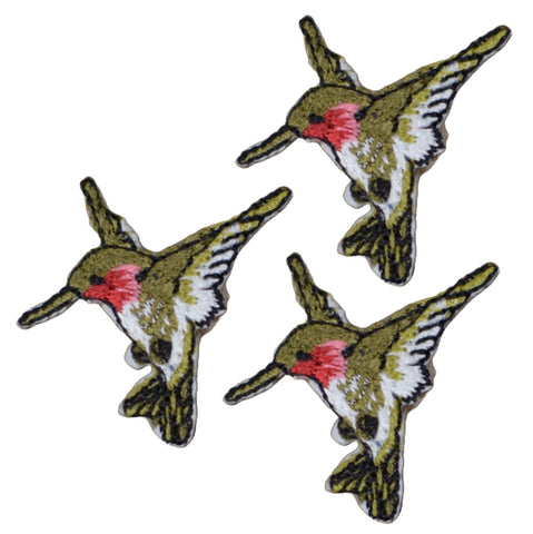 Mini Hummingbird Applique Patch - Left Facing Pink White & Green Bird Badge 1.25" (3-Pack, Iron on)