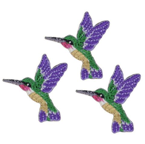 Mini Hummingbird Applique Patch - Facing Left Purple Beige & Green Bird 1.25" (3-Pack, Iron on)