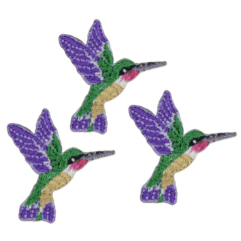 Mini Hummingbird Applique Patch - Facing Right, Purple/Green Bird 1.25" (3-Pack, Iron on)