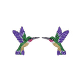 Pair of colorful hummingbird-shaped patches on a white background
