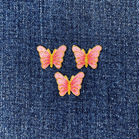 3-Pack Butterfly Applique Patch - Mini Embroidered Pink & Gold Insect Badge 3/4" (Iron On)