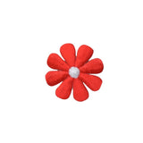 Red flower-shaped patch with a white center on a white background