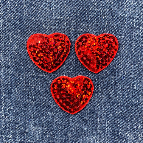3-Pack Red Heart Applique Patch - Small Sequin Badges 1-1/16" (Iron On)