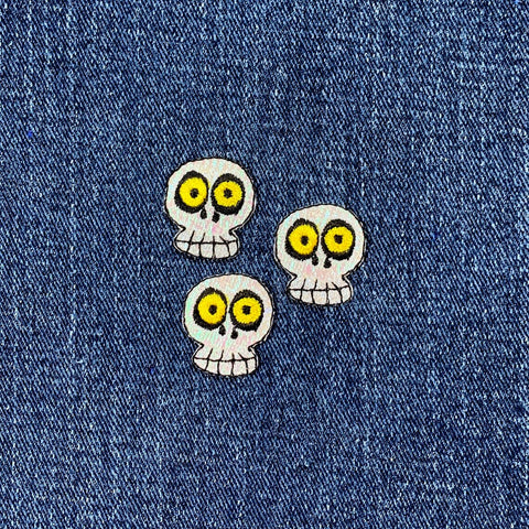 3-Pack Skull Applique Patch - Mini Shimmery Embroidered Halloween Badge 7/8" (Iron Or Sew On)