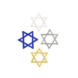 Four star of David shaped patches in blue, gold, silver, and white on a white background