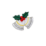 Embroidered patch of Christmas bells with holly leaves and berries on a white background