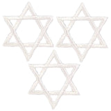 Three white embroidered Star of David patches on a white background.