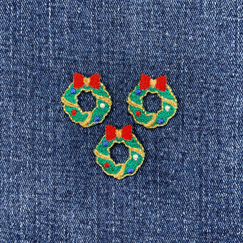 3-Pack Christmas Wreath Applique Patch - Mini Embroidered Holiday Badge 7/8" (Iron On)