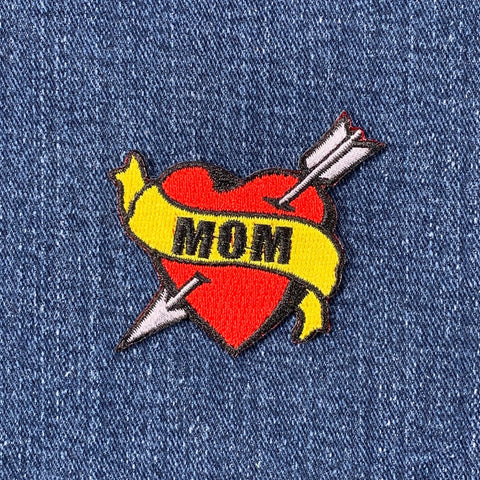 Mom Patch - Embroidered Heart Tattoo Style Badge 2.25" (Iron On)