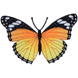 A 3-inch embroidered patch in the shape of a Monarch butterfly with bright orange wings and black patterns, designed to be ironed onto fabric.