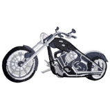 An embroidered patch of a chopper motorcycle in black, gray, and white thread, shown against a plain white background.