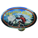 An oval embroidered patch featuring a mountain biker in a red jacket and black helmet against a scenic blue mountain background, with the words 'Mountain Biking' in yellow text.