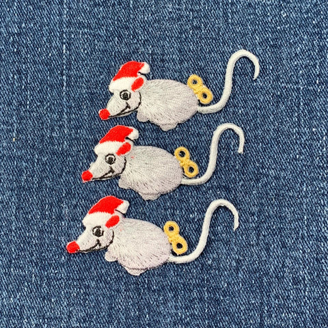3-Pack Christmas Mouse Applique Patch - Embroidered Windup Toy & Santa Hat Badge 2.25" (Iron On)