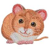 A small embroidered patch depicting a mouse with a beige and brown color scheme.