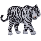 Embroidered black and white tiger patch on a white background