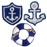 3 Embroidered nautical design patches on denim fabric with an anchor, life buoy, and shield.