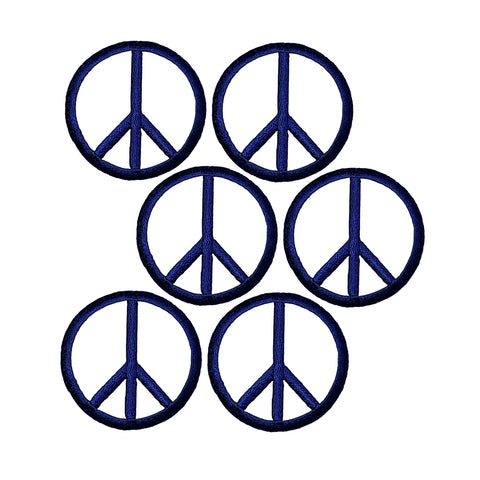 6 navy blue peace sign patches displayed on a white background