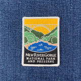 Embroidered patch of New River Gorge National Park and Preserve on a denim background
