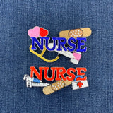 Embroidered patches with 'NURSE' text and medical icons on a denim background