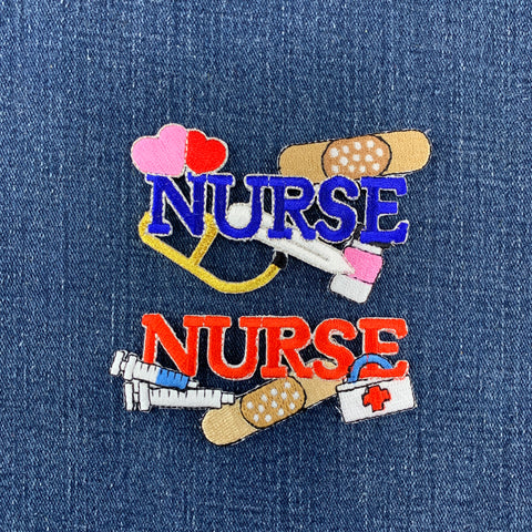 Embroidered patches with 'NURSE' text and medical icons on a denim background