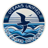Circular logo with a bird, waves, and text 'Oceans Unified Saltwater Difference' on a blue and white background.