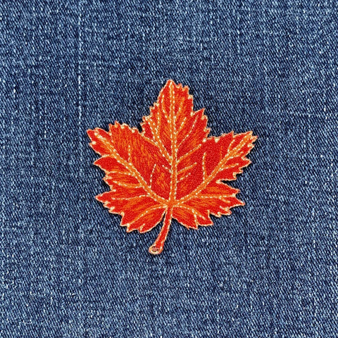 Maple Leaf Applique Patch - Embroidered Orange Autumn Fall Leaf Badge 2-3/8" (Iron On)